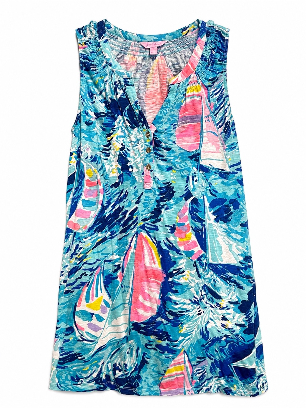 Lilly Pulitzer XS Blue Pink Sailboat Print Sleeveless Swing Dress